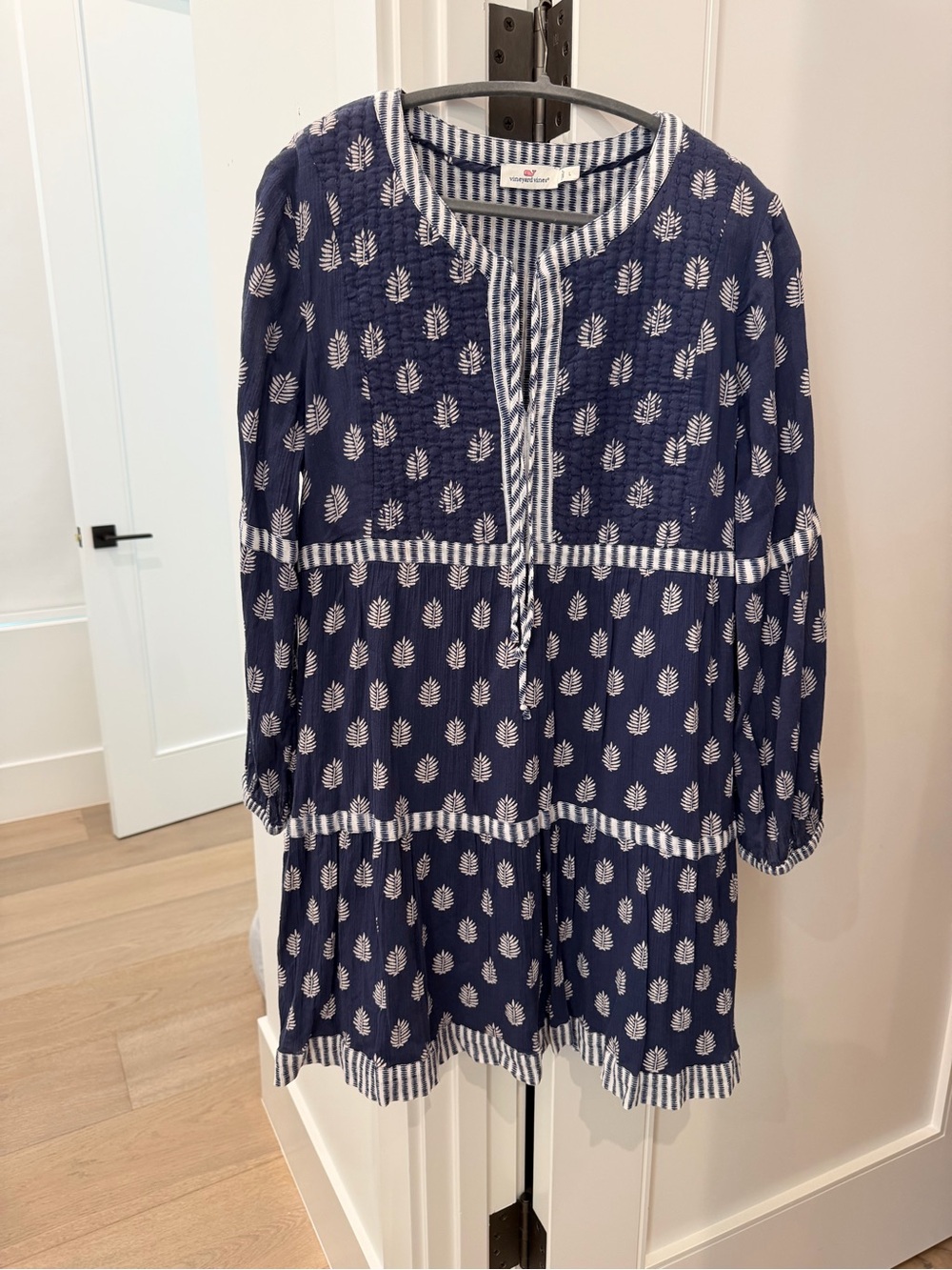 Vineyard Vines Navy Dress with White Leaf Print and Striped Trim